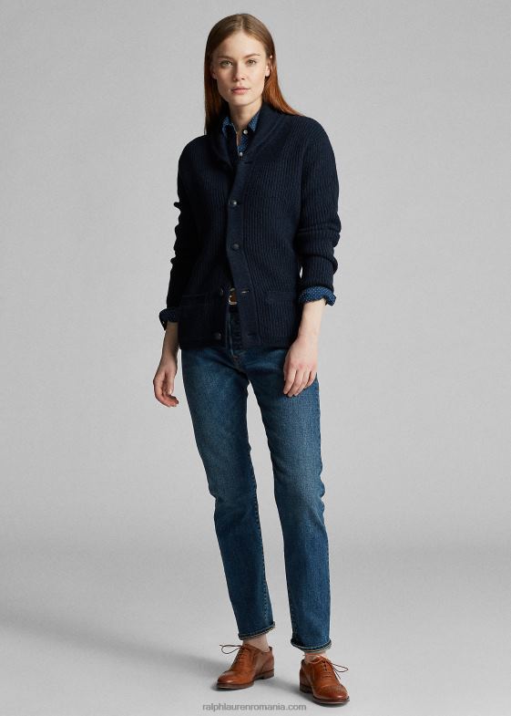albastru negru femei Ralph Lauren cardigan cu guler șal din cașmir 046883607