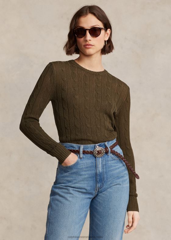 baldachin măslin femei Ralph Lauren pulover cu gât crew din tricot de cablu din bumbac amestecat 046889166