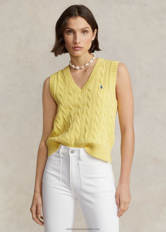 beekman galben femei Ralph Lauren vestă pulover cu decolteu în V din bumbac tricot în cablu 046882903