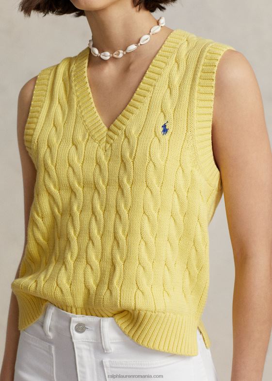 beekman galben femei Ralph Lauren vestă pulover cu decolteu în V din bumbac tricot în cablu 046882903