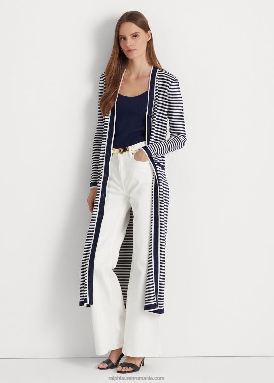bleumarin rafinat/alb femei Ralph Lauren cardigan lung din amestec de mătase în dungi 046889540