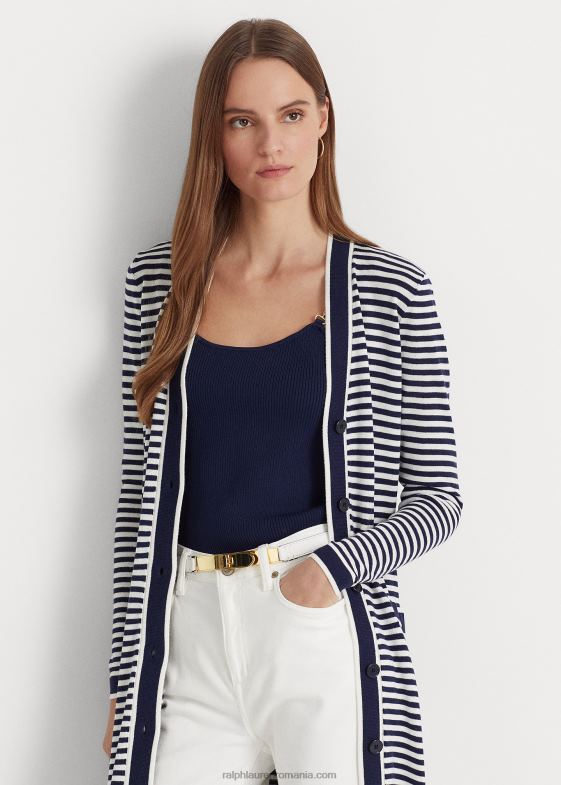 bleumarin rafinat/alb femei Ralph Lauren cardigan lung din amestec de mătase în dungi 046889540