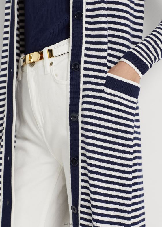 bleumarin rafinat/alb femei Ralph Lauren cardigan lung din amestec de mătase în dungi 046889540
