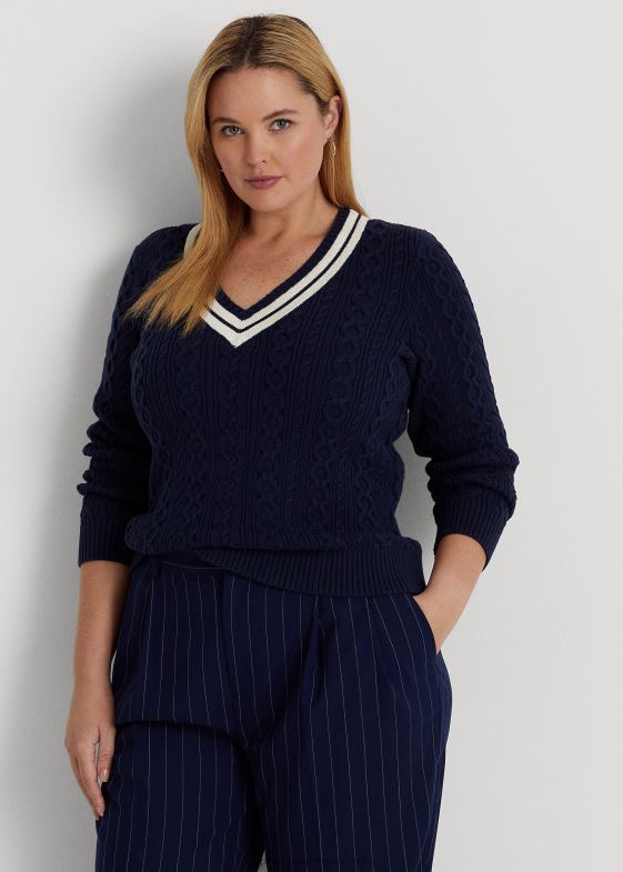 bleumarin rafinat/crem femei Ralph Lauren pulover de cricket din tricot cablu 046884640