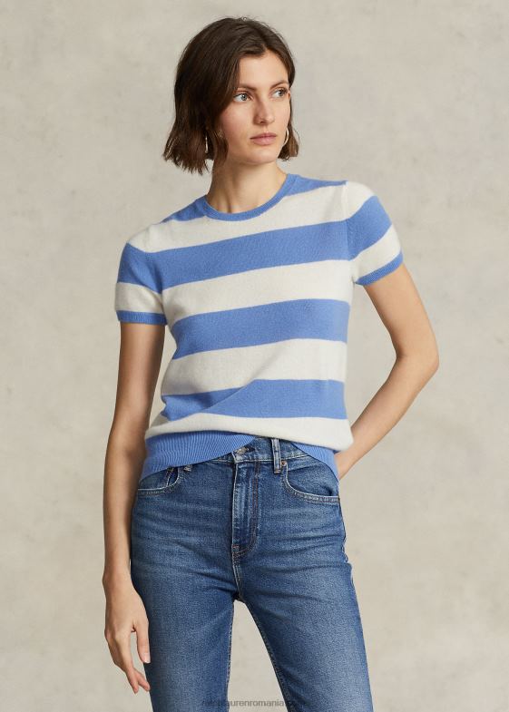 crem/albastru insula port femei Ralph Lauren pulover cu mânecă scurtă din cașmir în dungi 046883043