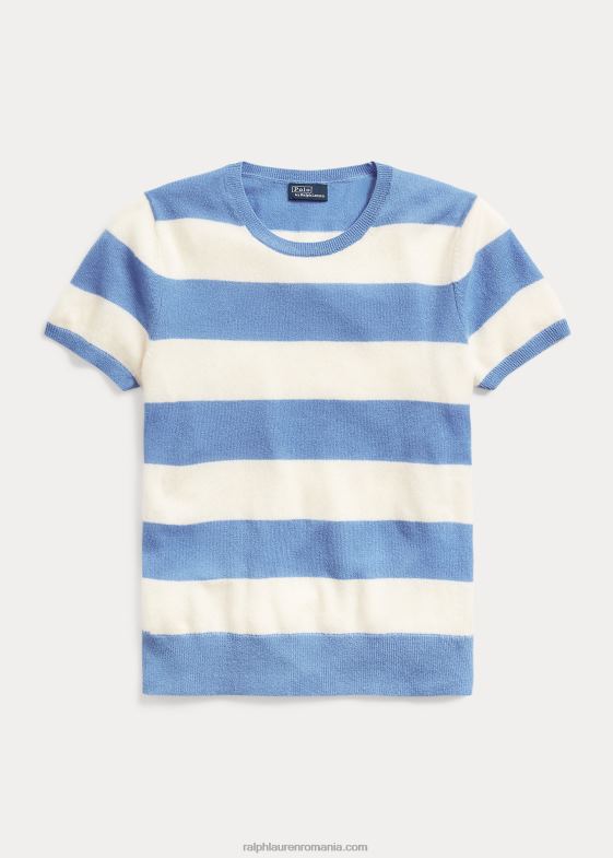 crem/albastru insula port femei Ralph Lauren pulover cu mânecă scurtă din cașmir în dungi 046883043