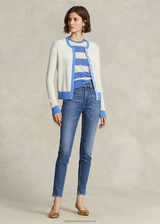 crem/albastru insula port femei Ralph Lauren pulover cu mânecă scurtă din cașmir în dungi 046883043