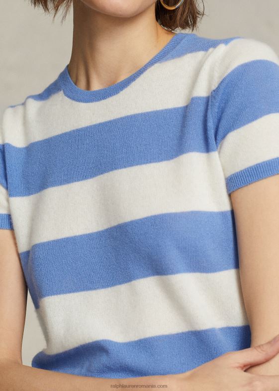crem/albastru insula port femei Ralph Lauren pulover cu mânecă scurtă din cașmir în dungi 046883043