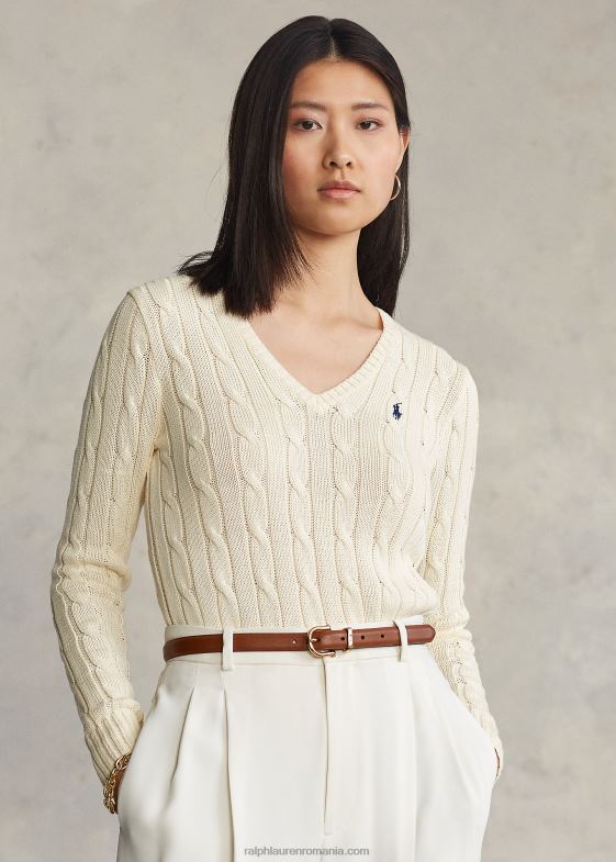 cremă femei Ralph Lauren pulover cu decolteu în V din tricot cablu 046883337