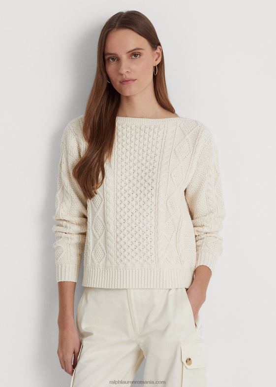 crema de mascarpone femei Ralph Lauren pulover din bumbac tricot aran cu gât barcă 046883949