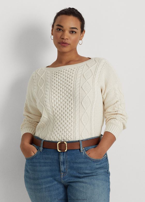 crema de mascarpone femei Ralph Lauren pulover din bumbac tricot aran cu gât barcă 046884589