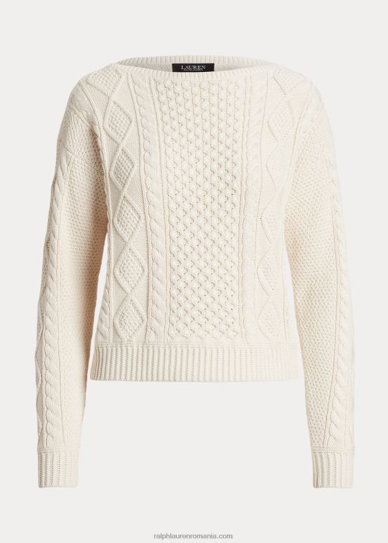 crema de mascarpone femei Ralph Lauren pulover din bumbac tricot aran cu gât barcă 046884826