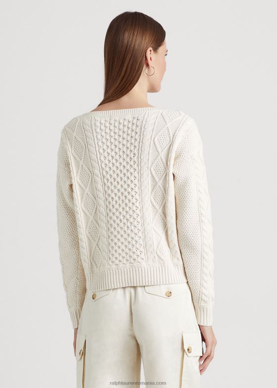 crema de mascarpone femei Ralph Lauren pulover din bumbac tricot aran cu gât barcă 046884826