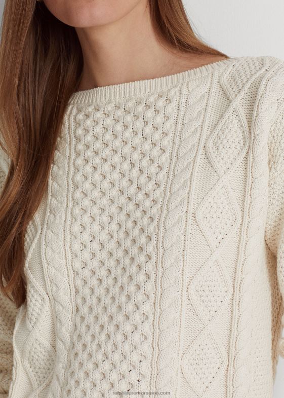 crema de mascarpone femei Ralph Lauren pulover din bumbac tricot aran cu gât barcă 046884826