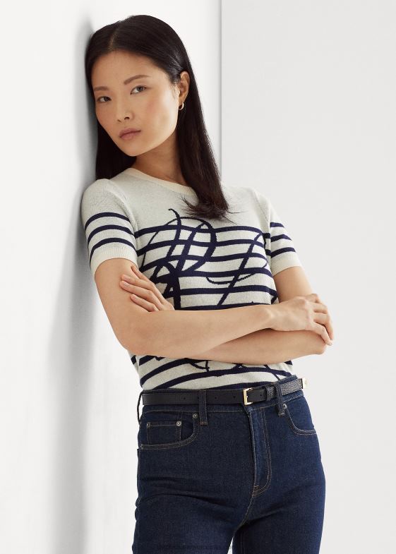 crema de mascarpone/marin femei Ralph Lauren pulover cu mânecă scurtă în dungi cu logo 046889479