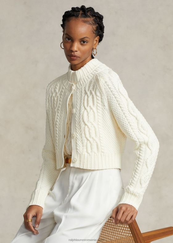 crema de pergament femei Ralph Lauren cardigan decupat din bumbac din tricot aran 046883085