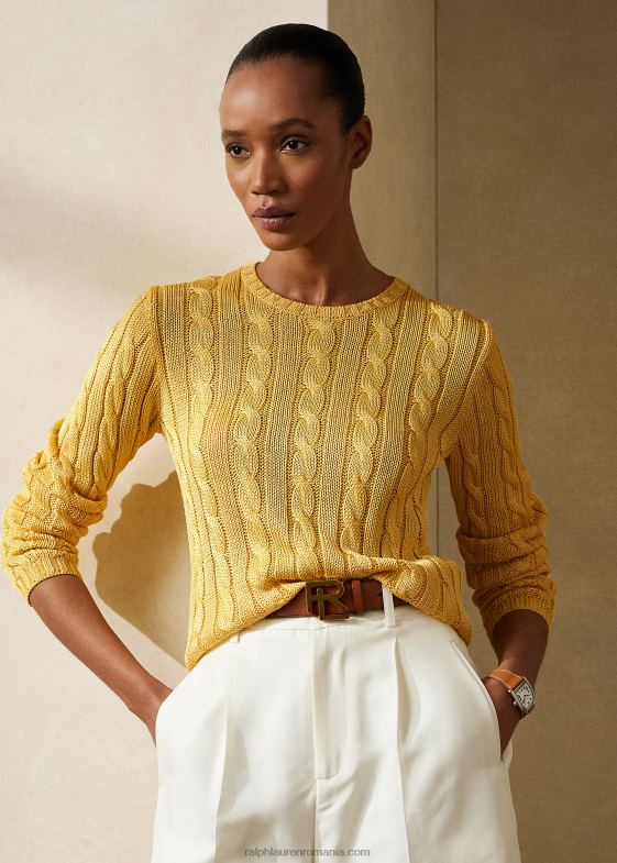 galben clasic femei Ralph Lauren pulover din mătase tricot cu cablu 046883485