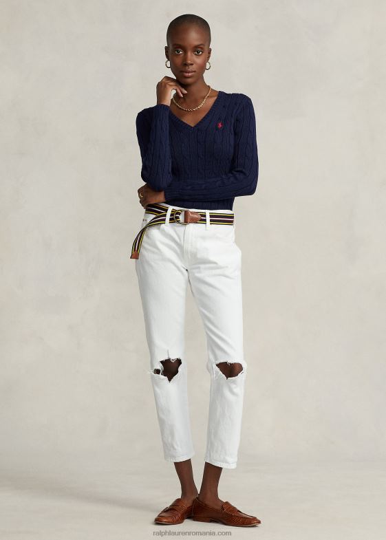 marina de vânători femei Ralph Lauren pulover cu decolteu în V din tricot cablu 046883336