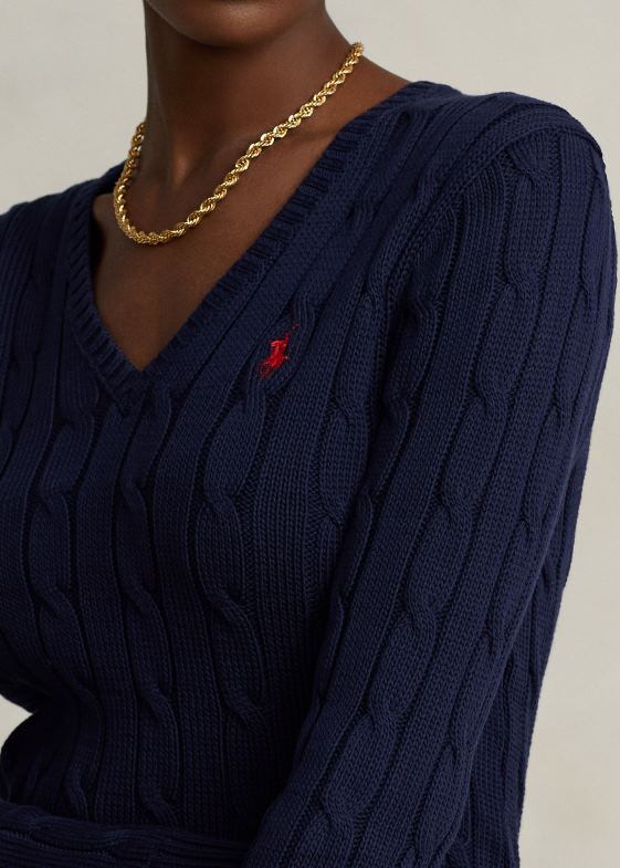 marina de vânători femei Ralph Lauren pulover cu decolteu în V din tricot cablu 046883336