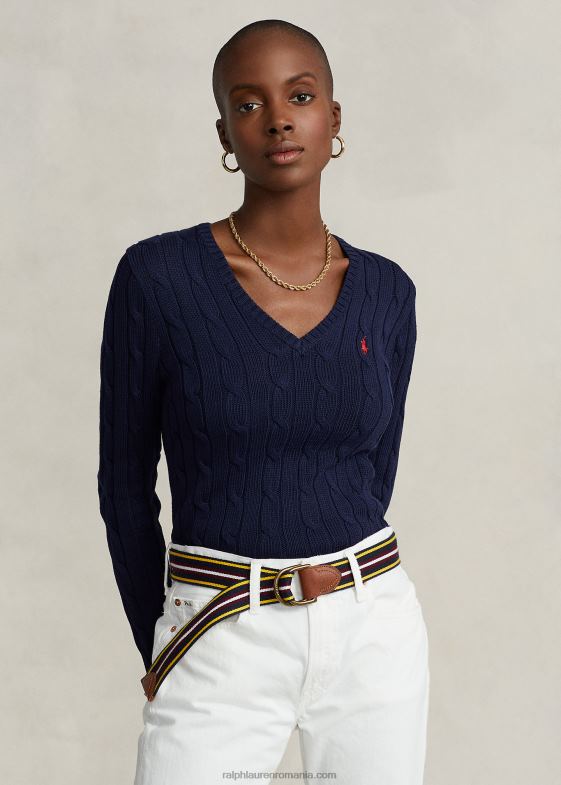 marina de vânători femei Ralph Lauren pulover cu decolteu în V din tricot cablu 046883336