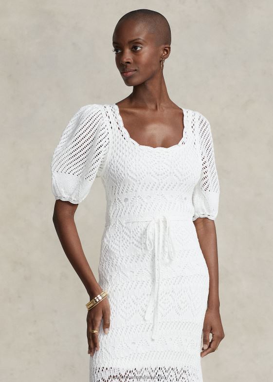 alb femei Ralph Lauren rochie din bumbac cu tricot pointelle 046883073