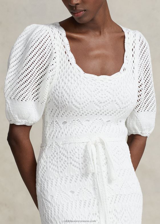 alb femei Ralph Lauren rochie din bumbac cu tricot pointelle 046883073