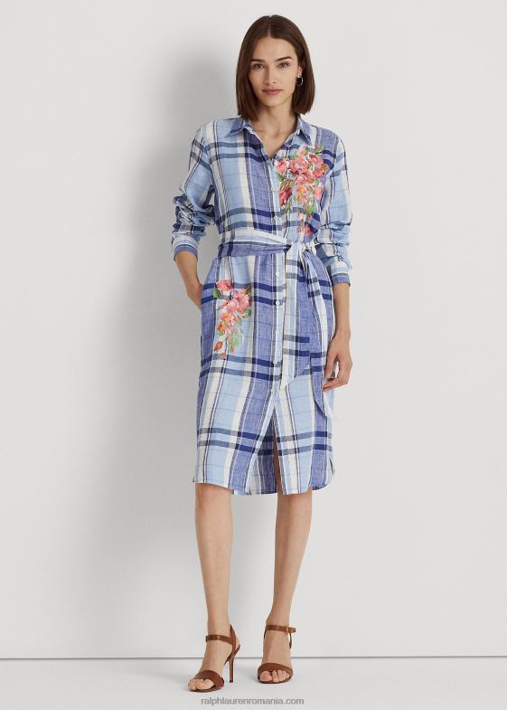 albastru alb femei Ralph Lauren rochie cămașă din in floral și carouri 046884034