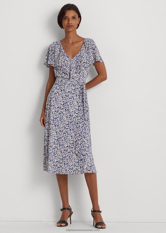 albastru/crem/roz femei Ralph Lauren rochie din crep bubble cu curea florală 046884098