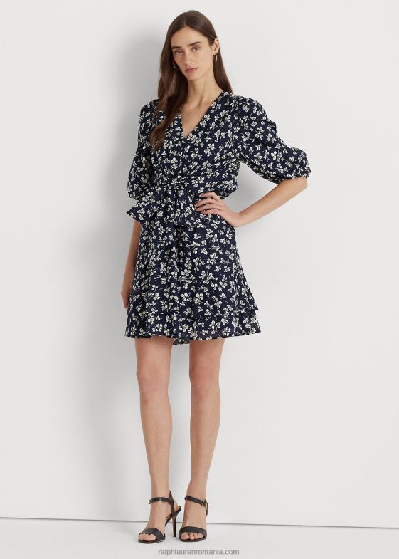 bleumarin/crem femei Ralph Lauren rochie din bumbac cu mâneci bufante cu imprimeu cravată în față 046884044
