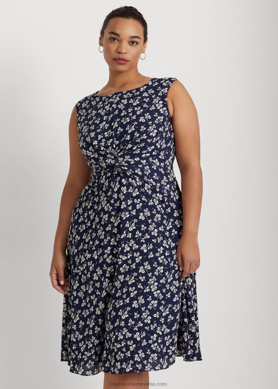 bleumarin/crem femei Ralph Lauren rochie din crep, cu imprimeu de frunze, cu răsucire în față 046884649