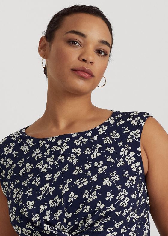 bleumarin/crem femei Ralph Lauren rochie din crep, cu imprimeu de frunze, cu răsucire în față 046884649