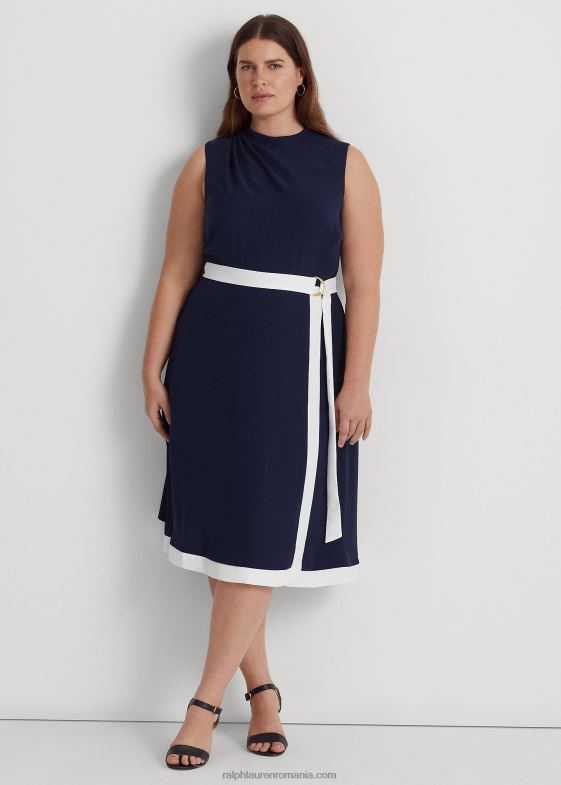 bleumarin rafinat/alb femei Ralph Lauren rochie cu brâu din crepon 046884808