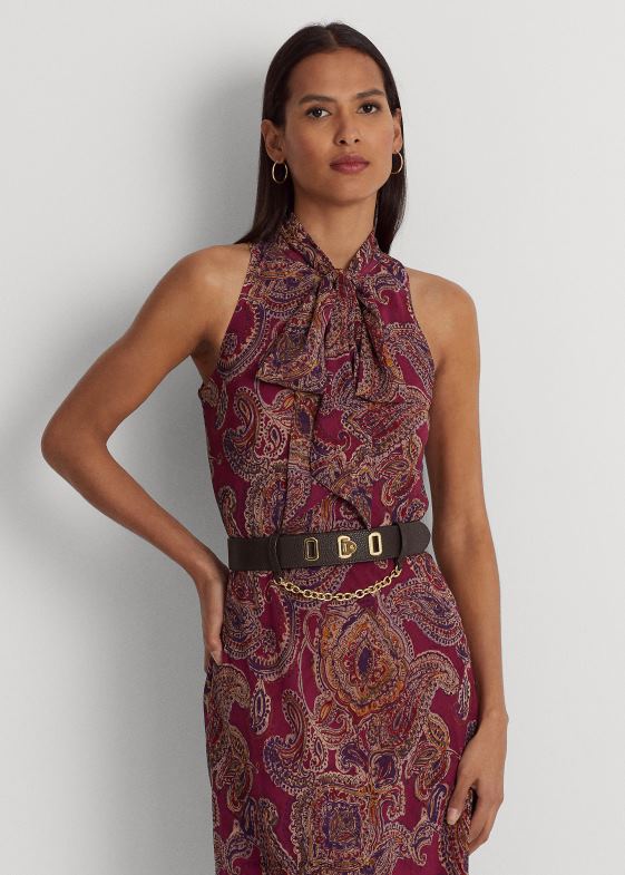 burgundă multi femei Ralph Lauren rochie cu georgette cu cachetele și decolteu 046884278