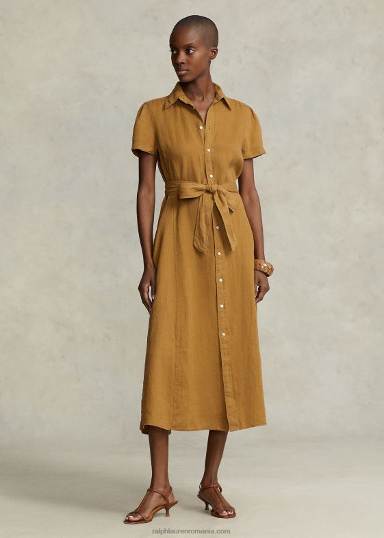 cafenea maro femei Ralph Lauren rochie cămașă cu mânecă scurtă din in cu curele 046882956