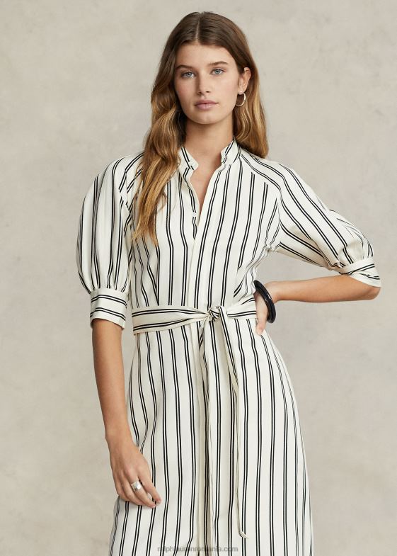 dungă crem/neagră femei Ralph Lauren rochie din mătase dud în dungi 046882973