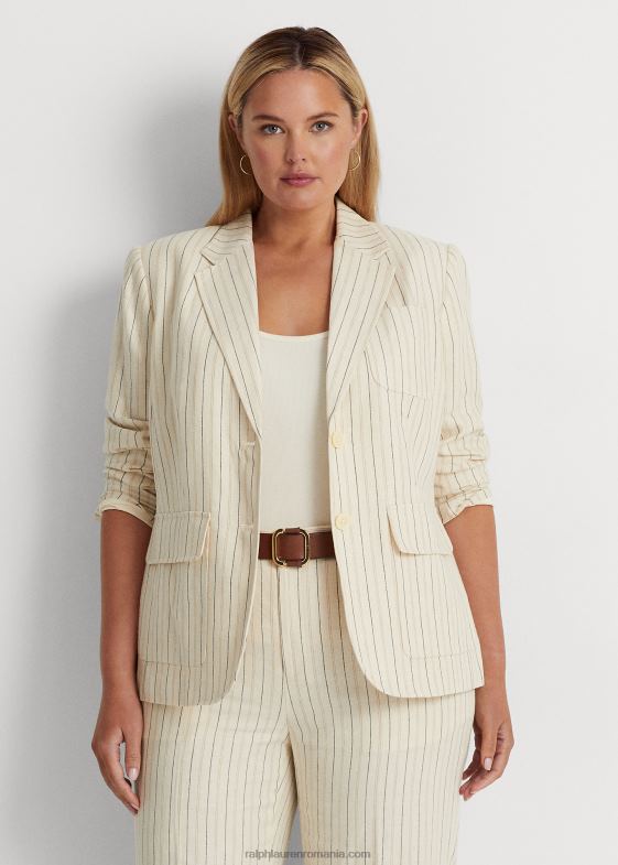 crem/bleumarin rafinat femei Ralph Lauren blazer din twill din amestec de in în dungi 046884681