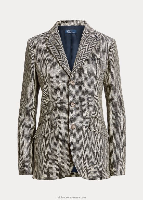 marina regală/crem femei Ralph Lauren blazer hacking în oase de pește din amestec de in 046883102