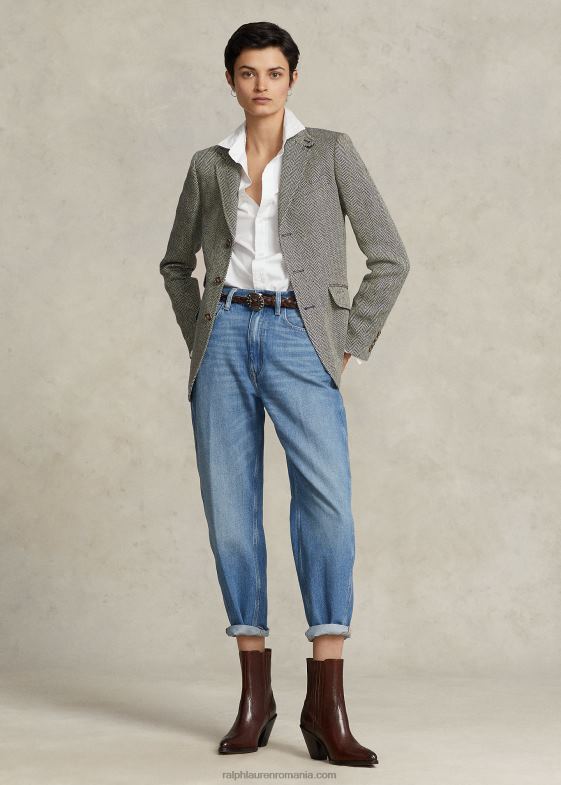 marina regală/crem femei Ralph Lauren blazer hacking în oase de pește din amestec de in 046883102