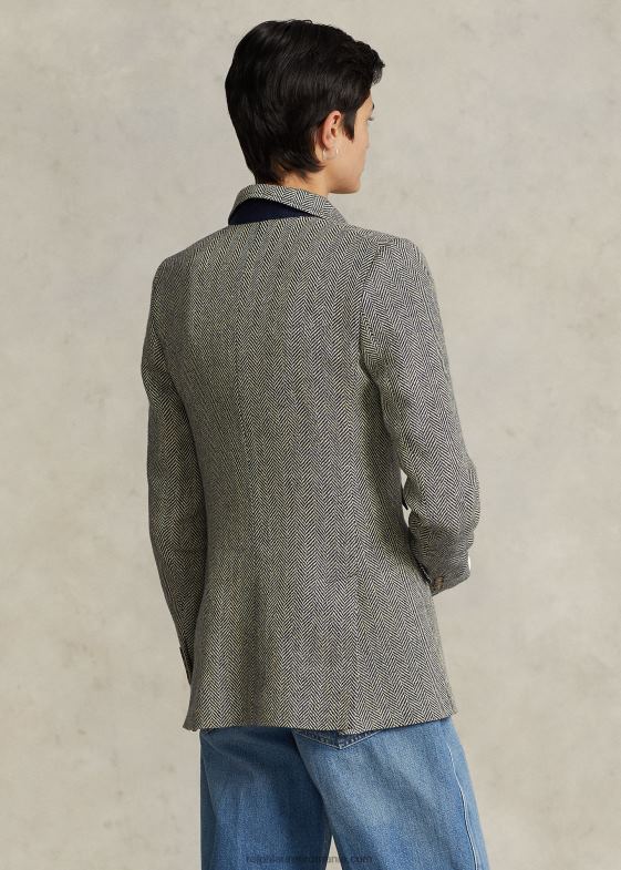 marina regală/crem femei Ralph Lauren blazer hacking în oase de pește din amestec de in 046883102