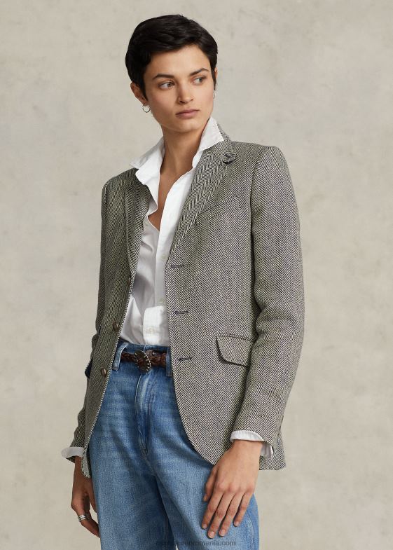 marina regală/crem femei Ralph Lauren blazer hacking în oase de pește din amestec de in 046883102