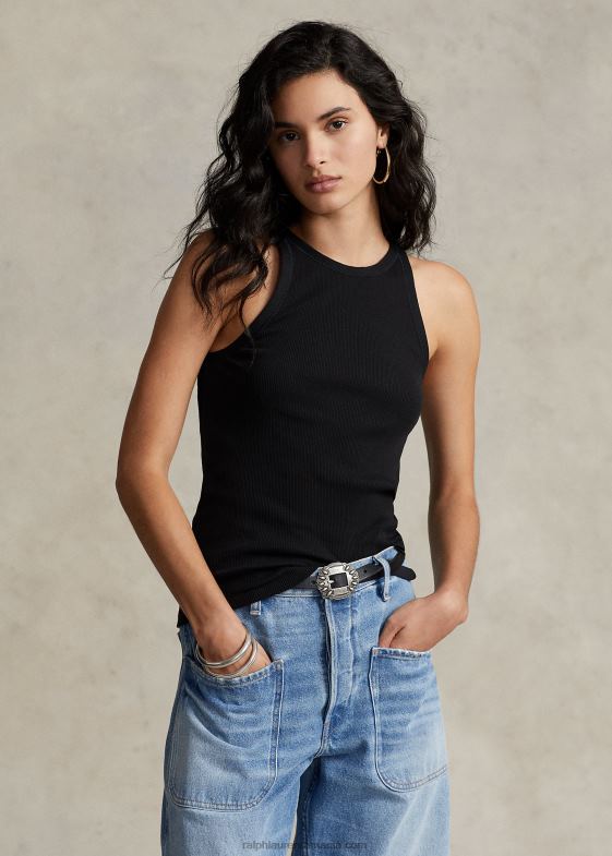 negru femei Ralph Lauren maiou din bumbac cu nervuri 046882871