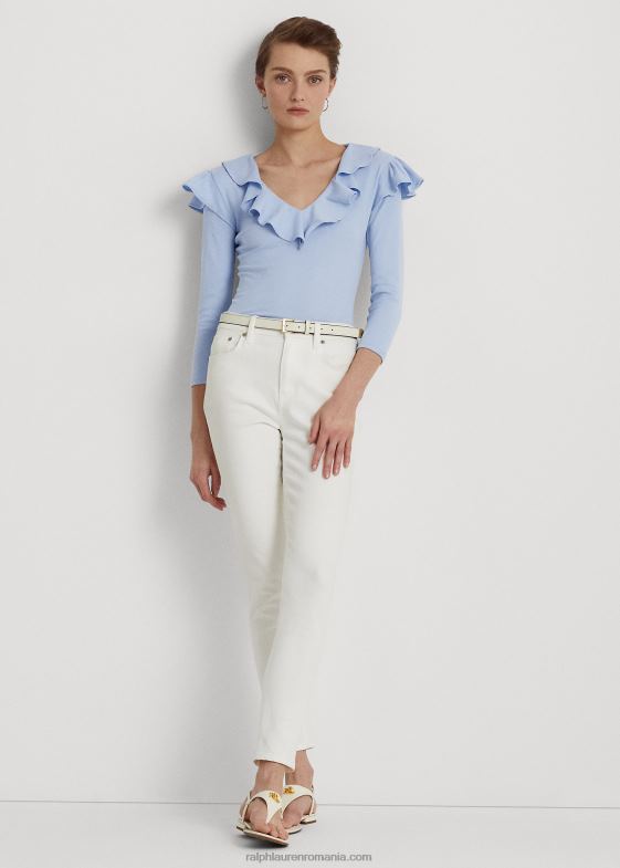 albastru pietriș femei Ralph Lauren Top cu decolteu în V din bumbac elastic cu volane 046884037