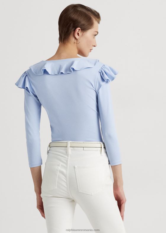 albastru pietriș femei Ralph Lauren Top cu decolteu în V din bumbac elastic cu volane 046884037