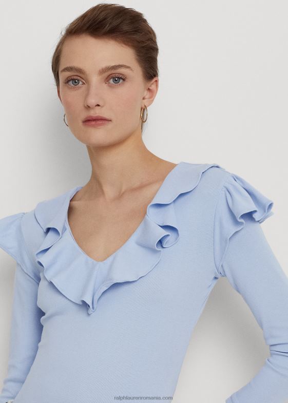 albastru pietriș femei Ralph Lauren Top cu decolteu în V din bumbac elastic cu volane 046884037