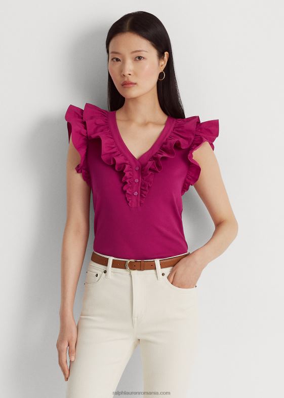 boabe fucsia femei Ralph Lauren top fără mâneci din bumbac cu volane 046884297