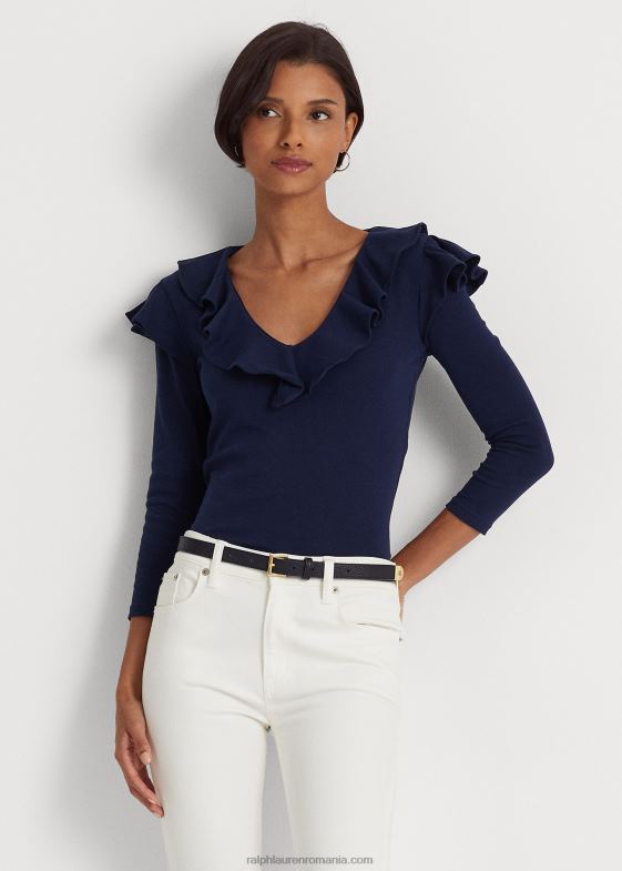 marina rafinată femei Ralph Lauren Top cu decolteu în V din bumbac elastic cu volane 046884038