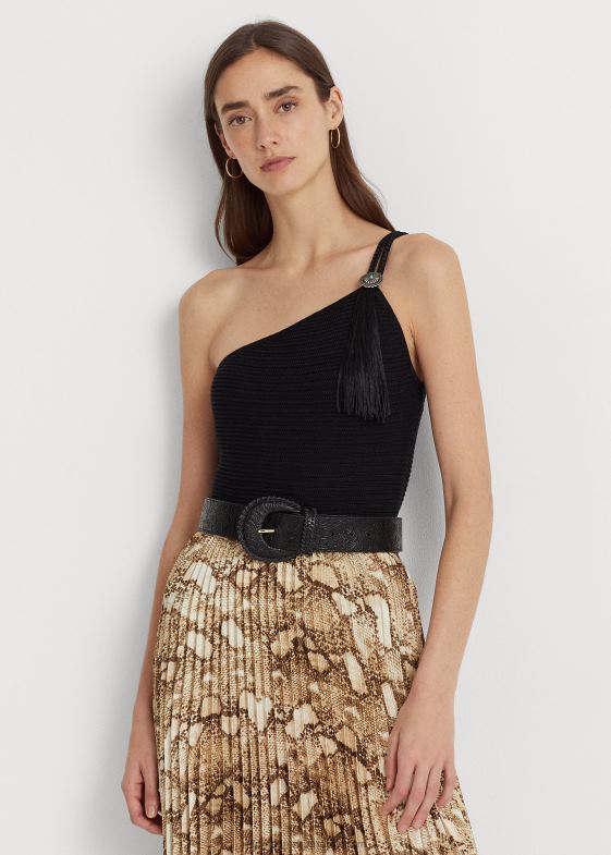 negru femei Ralph Lauren top cu un singur umăr din amestec de bumbac 046889509