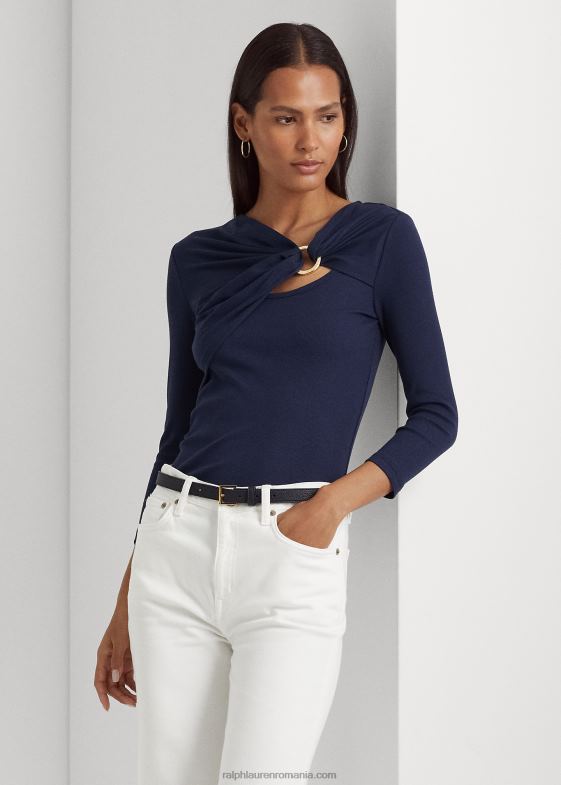 marina rafinată femei Ralph Lauren top din tricot în coastă cu inel în față 046884032