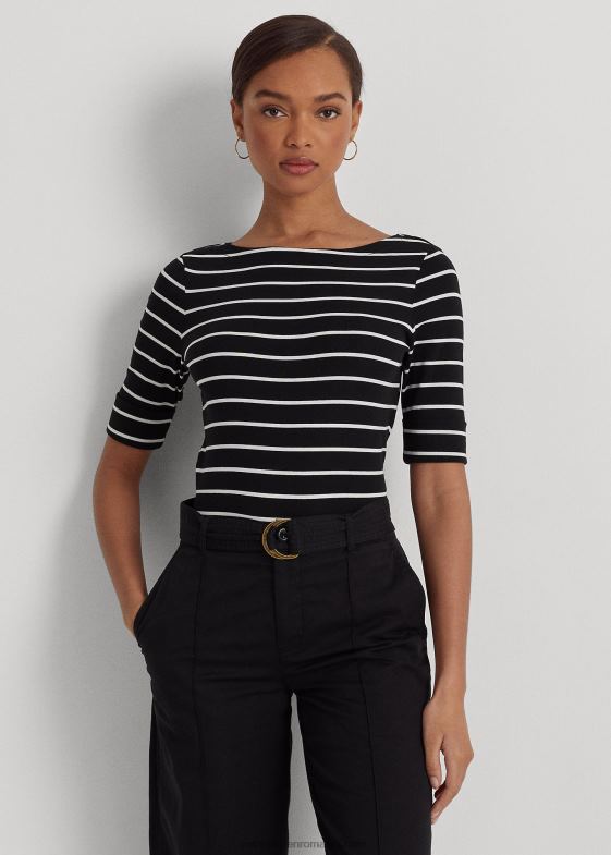 alb negru femei Ralph Lauren top cu gât barcă în dungi 046884272
