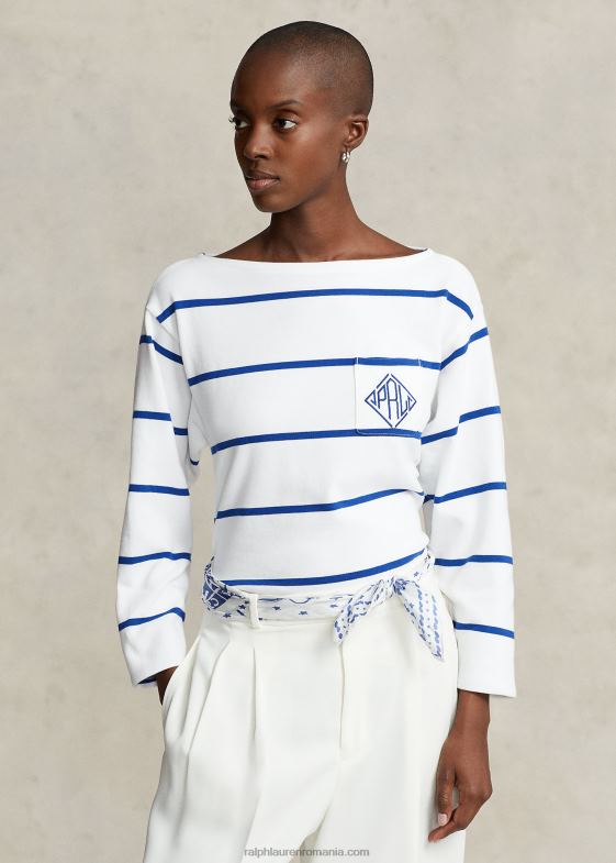 alb/safir strălucitor femei Ralph Lauren tricou din jerseu în dungi cu logo monogramă 046883029